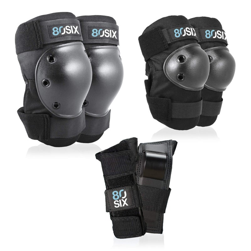 80Six Pad Set with Wristguards, Elbow Pads, and Knee Pads for Kids, Black, Junior - Ages 5+ - Image 1